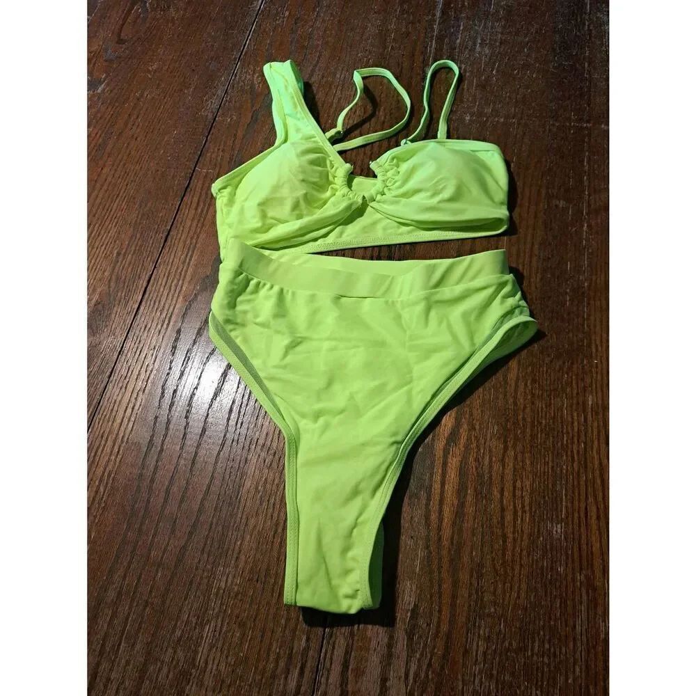 New Small One Shoulder Yellow Green Bikini Swimsuit Bathing Suit Swimwear
